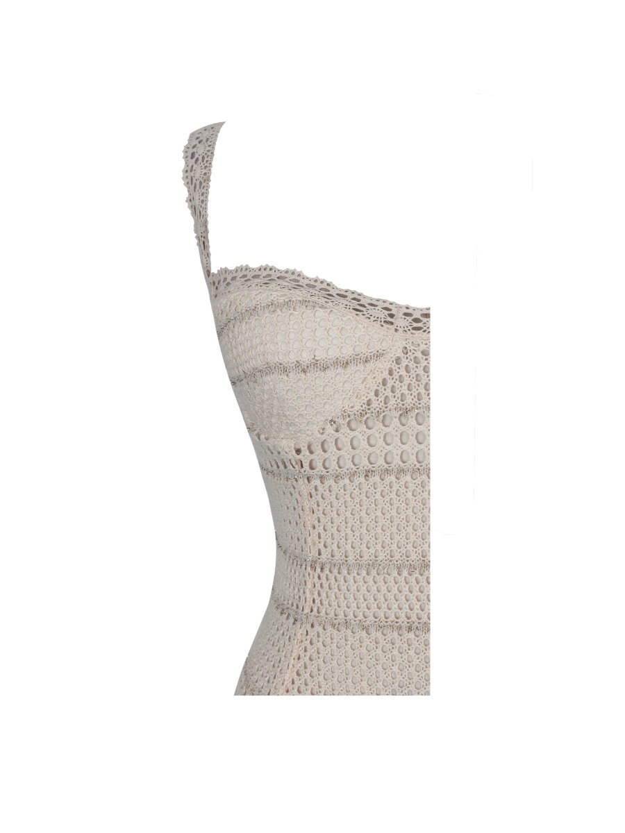 Xiomara Beige & Gold Stripe Crochet Knit Mermaid Midi Dress - HOUSE OF SHE