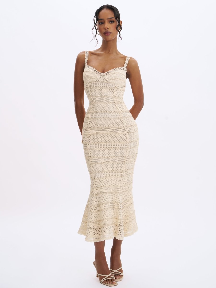 Xiomara Beige & Gold Stripe Crochet Knit Mermaid Midi Dress - HOUSE OF SHE
