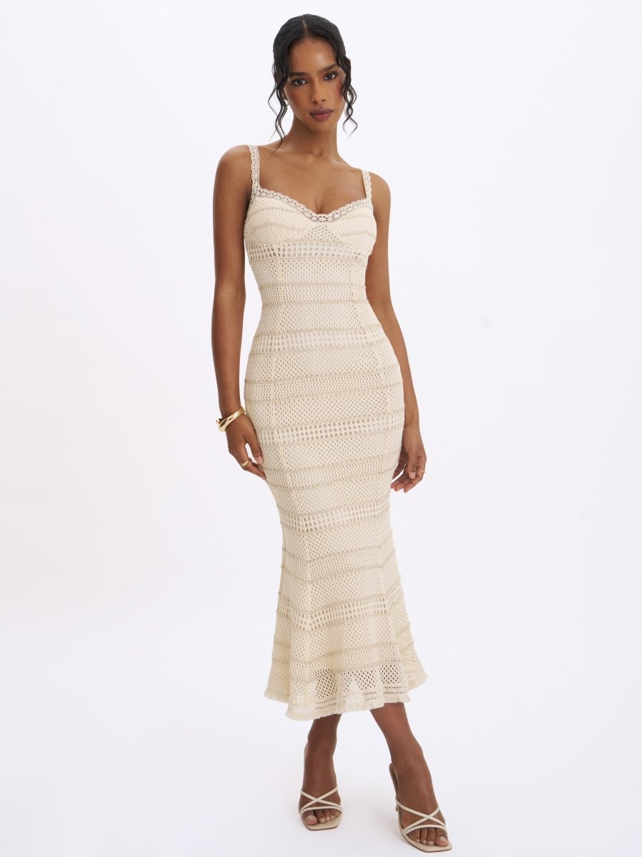 Xiomara Beige & Gold Stripe Crochet Knit Mermaid Midi Dress - HOUSE OF SHE