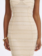 Xiomara Beige & Gold Stripe Crochet Knit Mermaid Midi Dress - HOUSE OF SHE