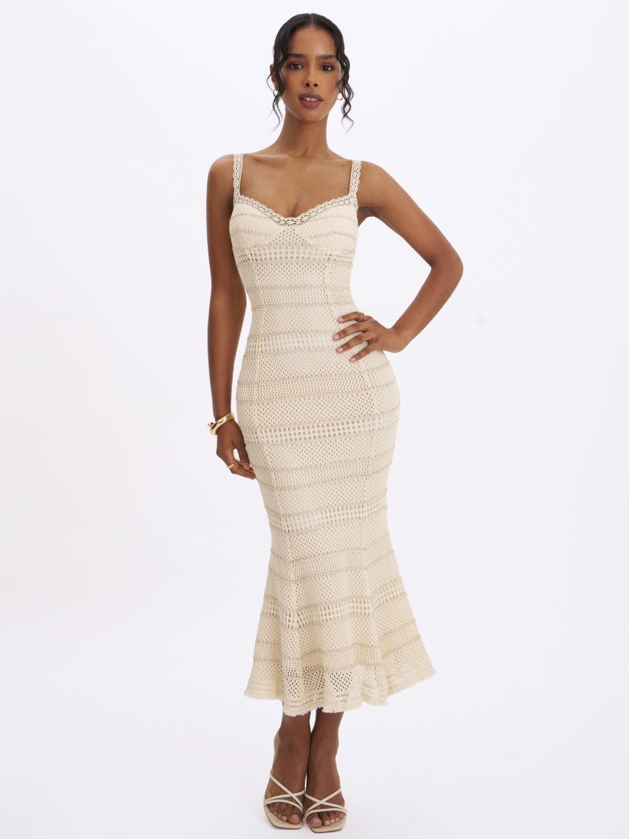 Xiomara Beige & Gold Stripe Crochet Knit Mermaid Midi Dress - HOUSE OF SHE