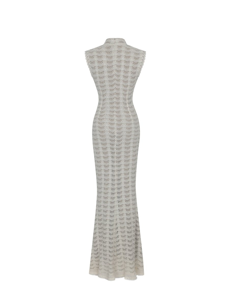 Xylona Beige & Gold Crochet Teardrop Neckline Mermaid Maxi Dress - HOUSE OF SHE
