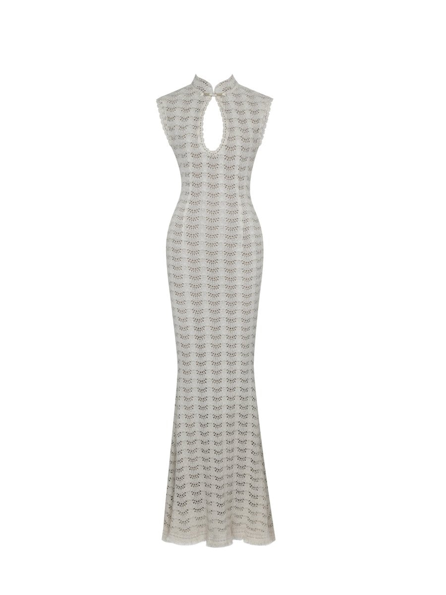 Xylona Beige & Gold Crochet Teardrop Neckline Mermaid Maxi Dress - HOUSE OF SHE