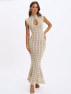 Xylona Beige & Gold Crochet Teardrop Neckline Mermaid Maxi Dress - HOUSE OF SHE