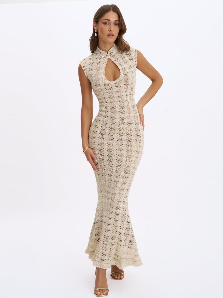 Xylona Beige & Gold Crochet Teardrop Neckline Mermaid Maxi Dress - HOUSE OF SHE