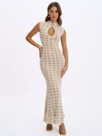 Xylona Beige & Gold Crochet Teardrop Neckline Mermaid Maxi Dress - HOUSE OF SHE