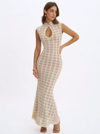 Xylona Beige & Gold Crochet Teardrop Neckline Mermaid Maxi Dress - HOUSE OF SHE