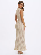Xylona Beige & Gold Crochet Teardrop Neckline Mermaid Maxi Dress - HOUSE OF SHE