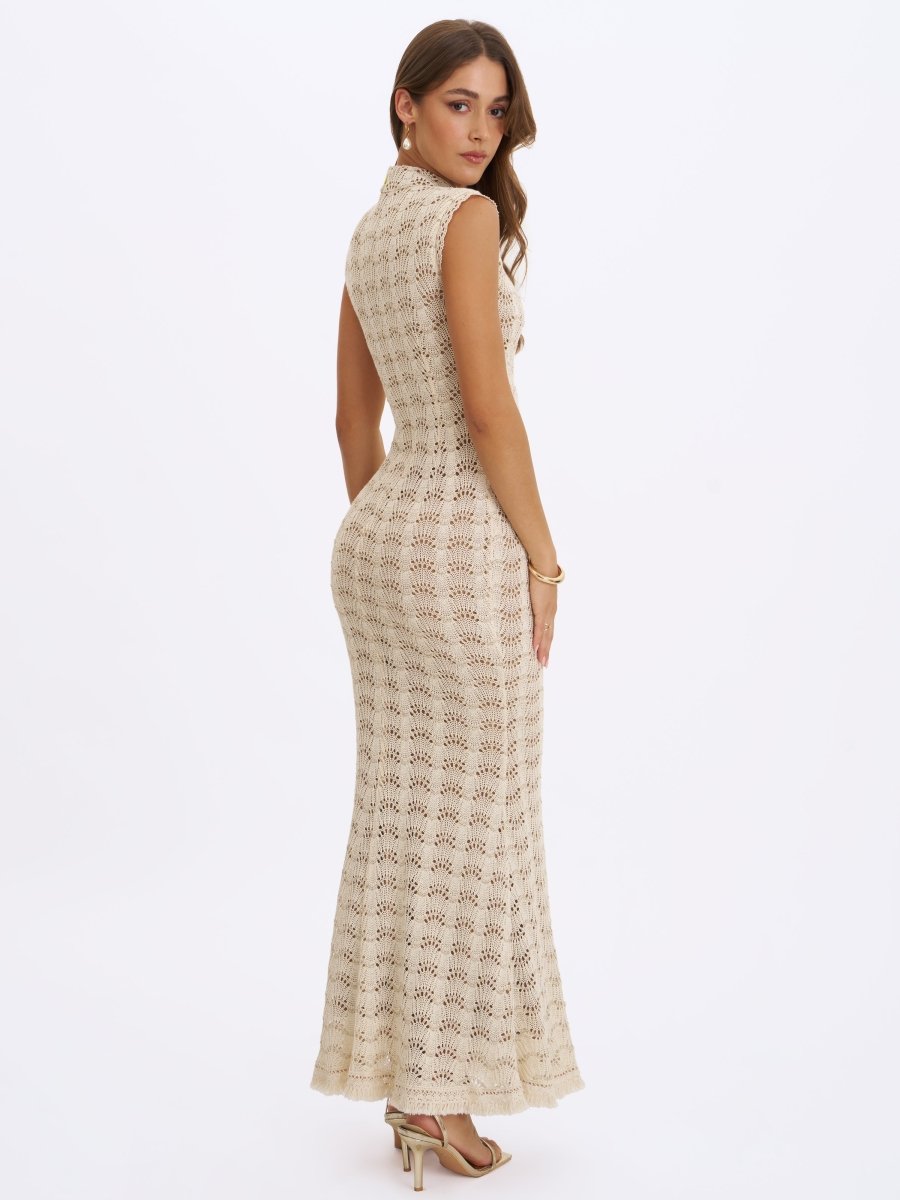 Xylona Beige & Gold Crochet Teardrop Neckline Mermaid Maxi Dress - HOUSE OF SHE