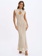Xylona Beige & Gold Crochet Teardrop Neckline Mermaid Maxi Dress - HOUSE OF SHE
