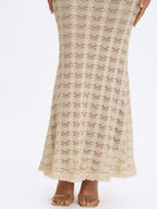 Xylona Beige & Gold Crochet Teardrop Neckline Mermaid Maxi Dress - HOUSE OF SHE