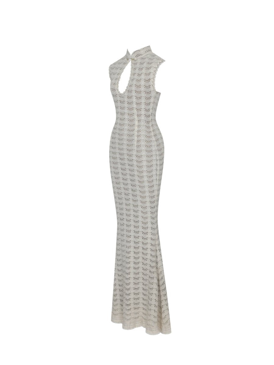 Xylona Beige & Gold Crochet Teardrop Neckline Mermaid Maxi Dress - HOUSE OF SHE