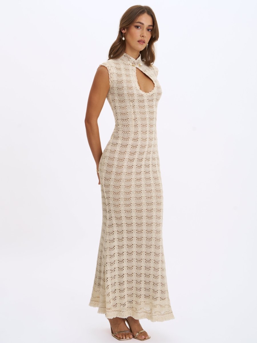 Xylona Beige & Gold Crochet Teardrop Neckline Mermaid Maxi Dress - HOUSE OF SHE