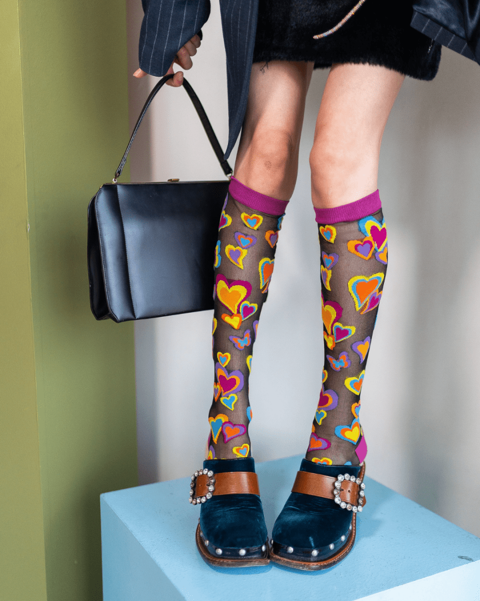 Y2K Hearts Black Sheer Knee High Sock - HOUSE OF SHE