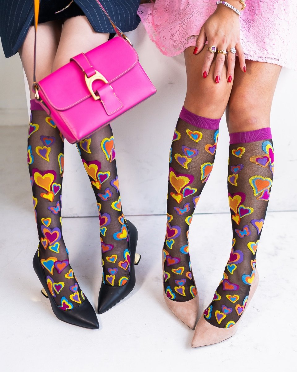 Y2K Hearts Black Sheer Knee High Sock - HOUSE OF SHE