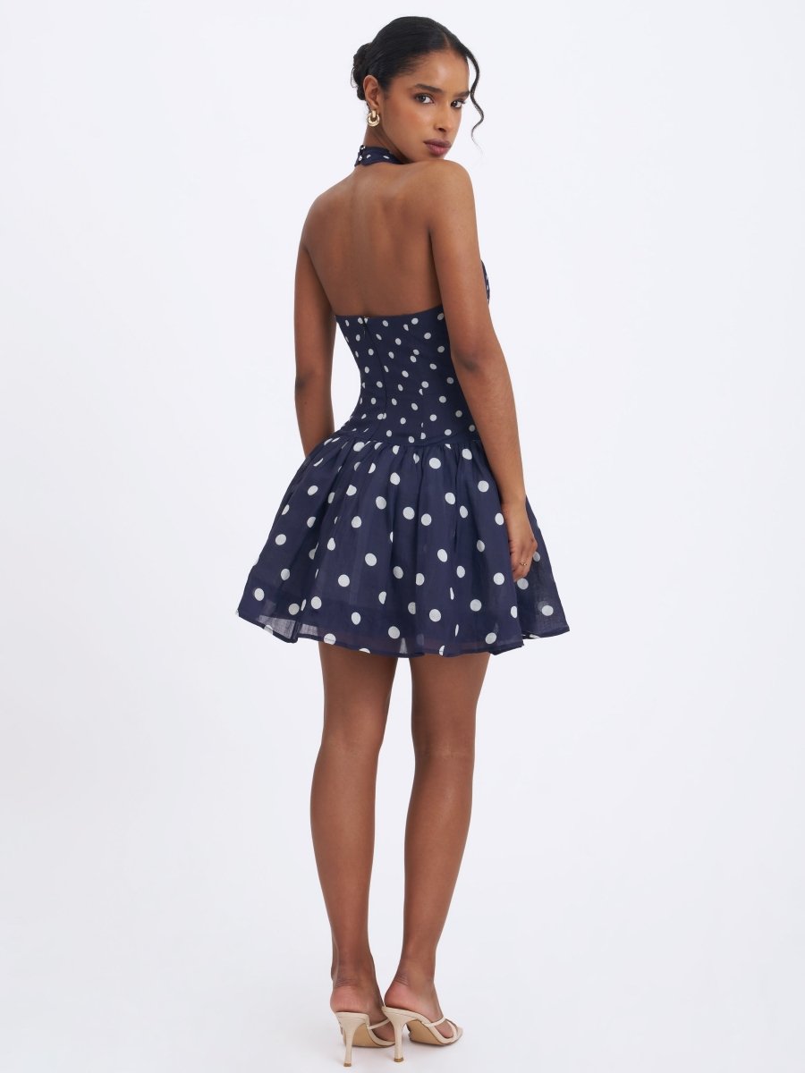 Yamina Navy Polka Dot Ramie Crossover Halter Gathered Mini Dress - HOUSE OF SHE