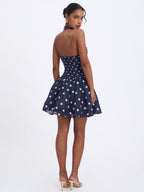 Yamina Navy Polka Dot Ramie Crossover Halter Gathered Mini Dress - HOUSE OF SHE
