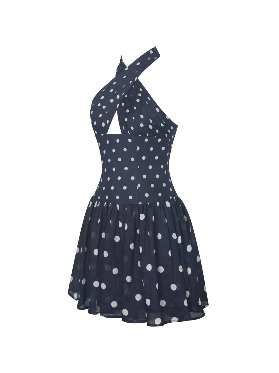 Yamina Navy Polka Dot Ramie Crossover Halter Gathered Mini Dress - HOUSE OF SHE