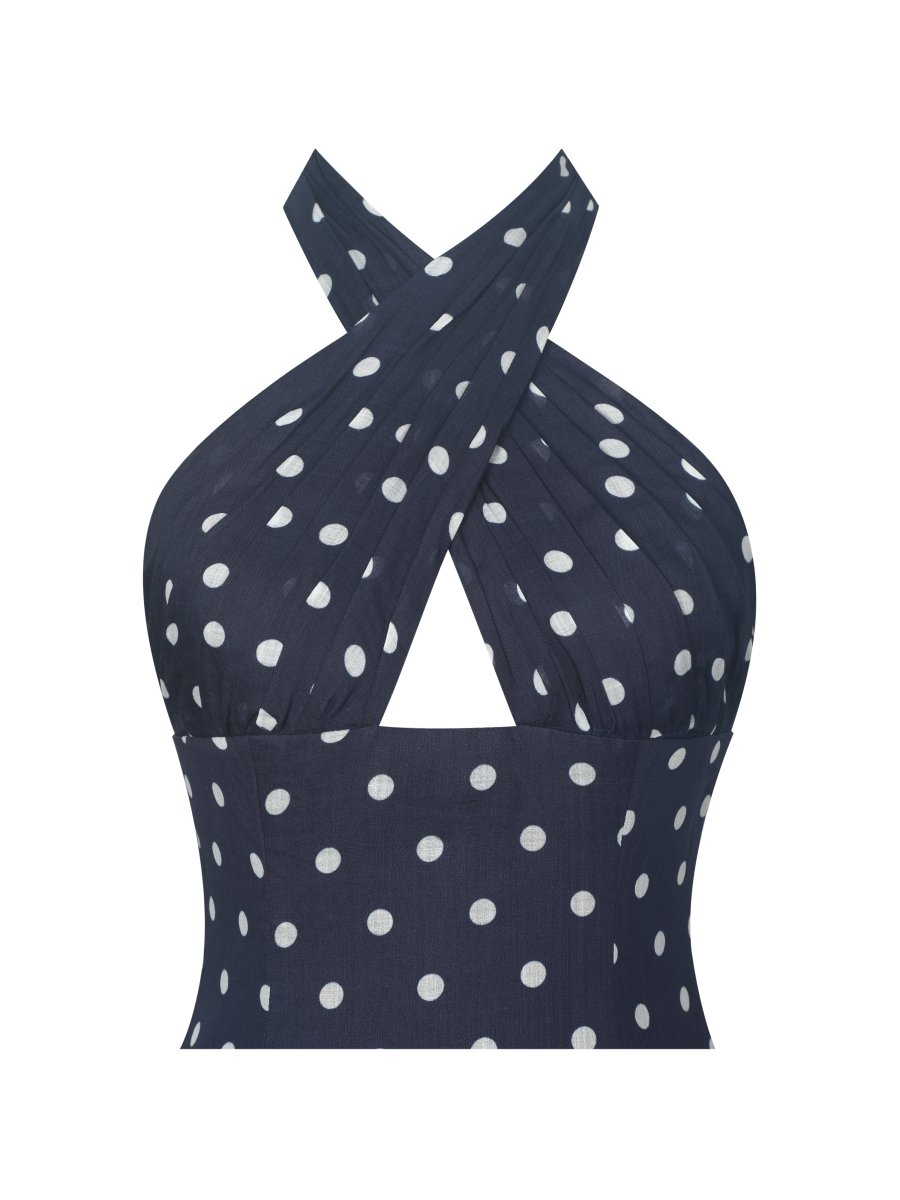 Yamina Navy Polka Dot Ramie Crossover Halter Gathered Mini Dress - HOUSE OF SHE