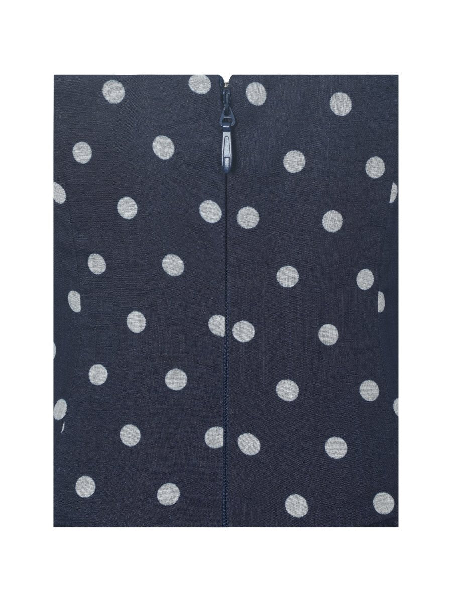 Yamina Navy Polka Dot Ramie Crossover Halter Gathered Mini Dress - HOUSE OF SHE