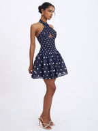 Yamina Navy Polka Dot Ramie Crossover Halter Gathered Mini Dress - HOUSE OF SHE