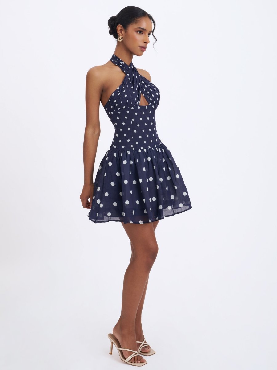 Yamina Navy Polka Dot Ramie Crossover Halter Gathered Mini Dress - HOUSE OF SHE