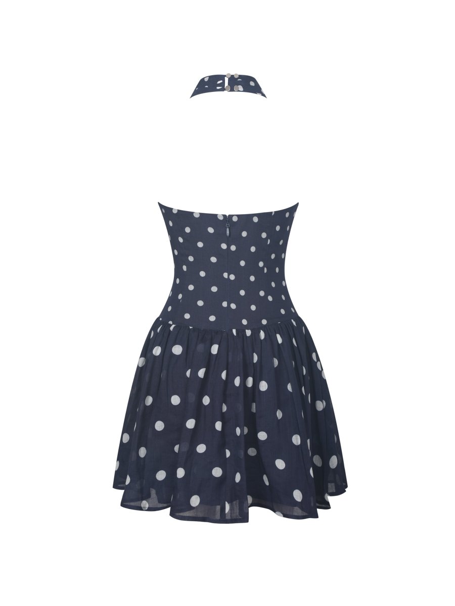 Yamina Navy Polka Dot Ramie Crossover Halter Gathered Mini Dress - HOUSE OF SHE