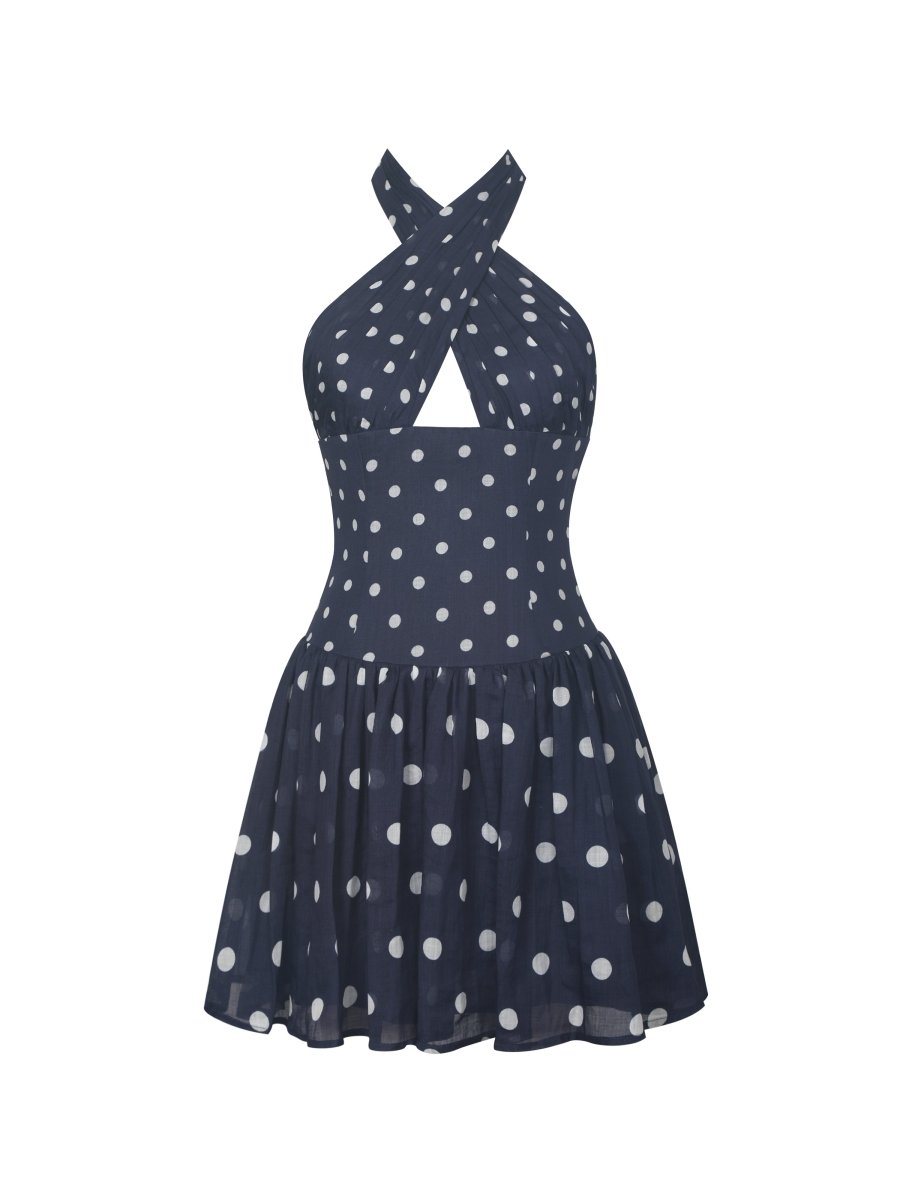 Yamina Navy Polka Dot Ramie Crossover Halter Gathered Mini Dress - HOUSE OF SHE
