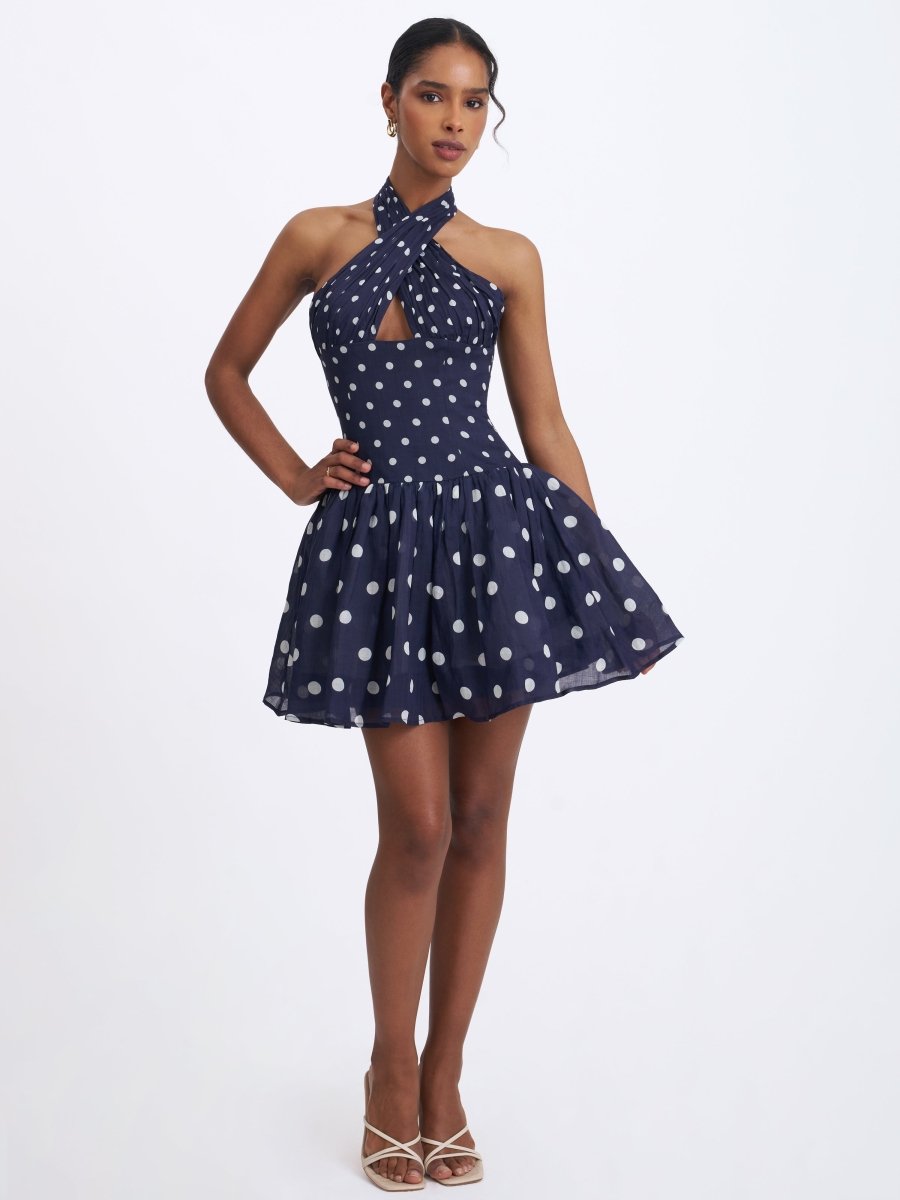 Yamina Navy Polka Dot Ramie Crossover Halter Gathered Mini Dress - HOUSE OF SHE