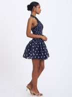 Yamina Navy Polka Dot Ramie Crossover Halter Gathered Mini Dress - HOUSE OF SHE
