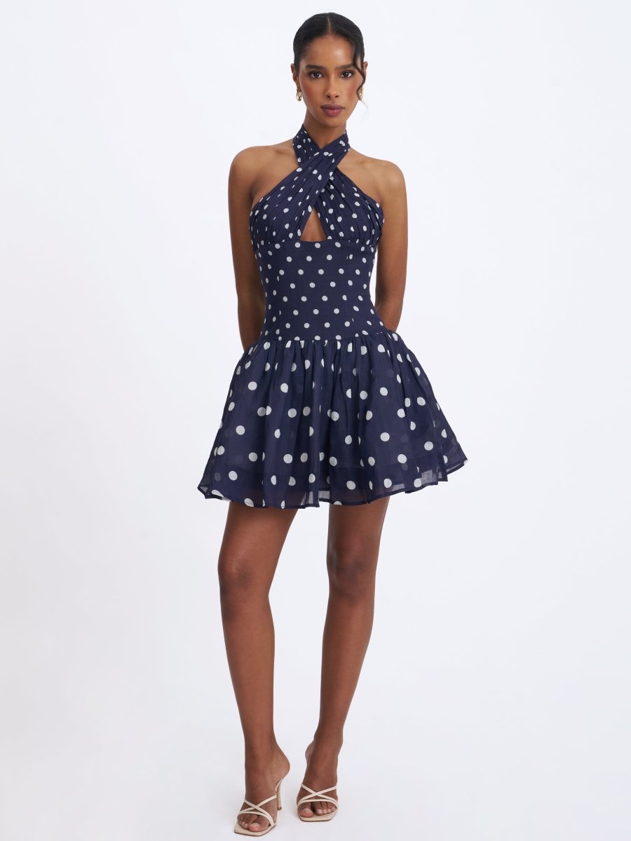 Yamina Navy Polka Dot Ramie Crossover Halter Gathered Mini Dress - HOUSE OF SHE