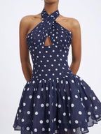 Yamina Navy Polka Dot Ramie Crossover Halter Gathered Mini Dress - HOUSE OF SHE