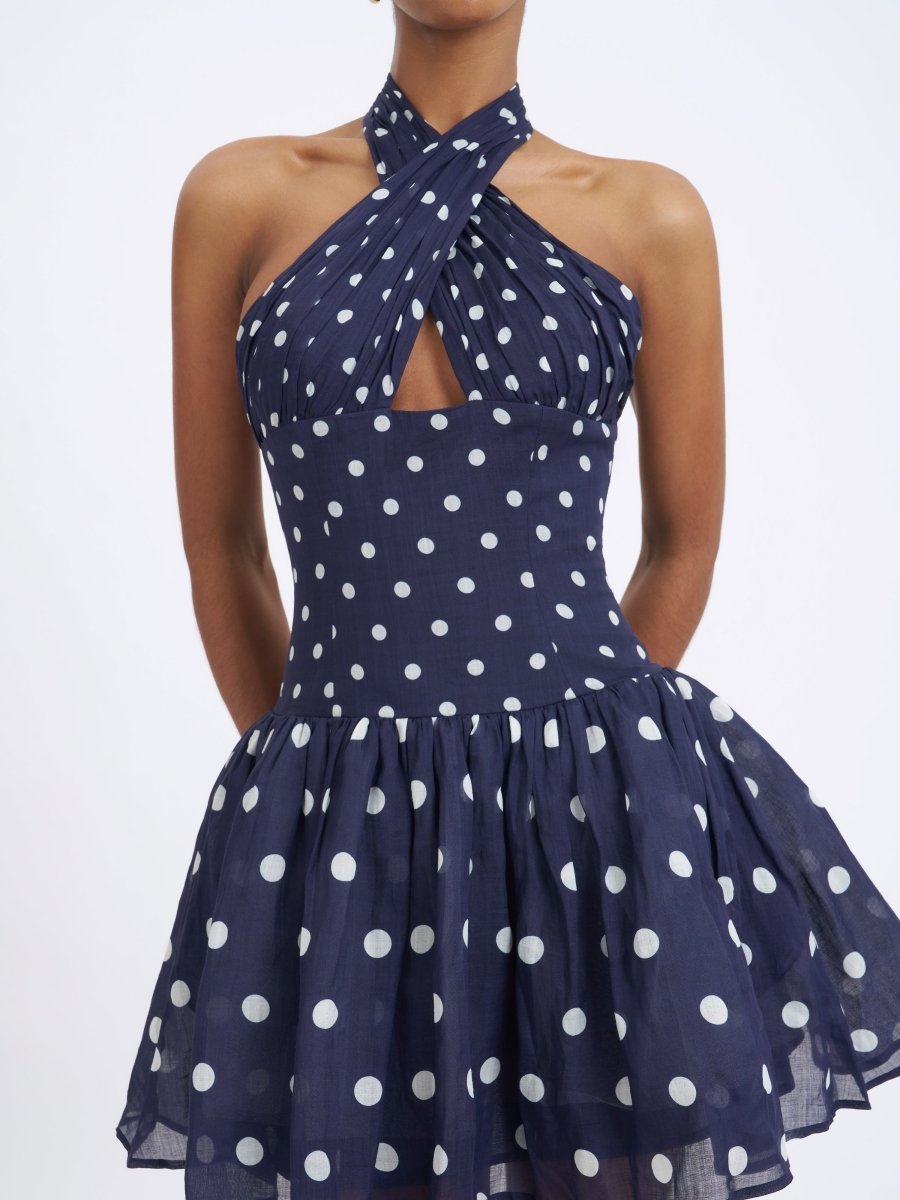 Yamina Navy Polka Dot Ramie Crossover Halter Gathered Mini Dress - HOUSE OF SHE