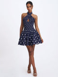 Yamina Navy Polka Dot Ramie Crossover Halter Gathered Mini Dress - HOUSE OF SHE