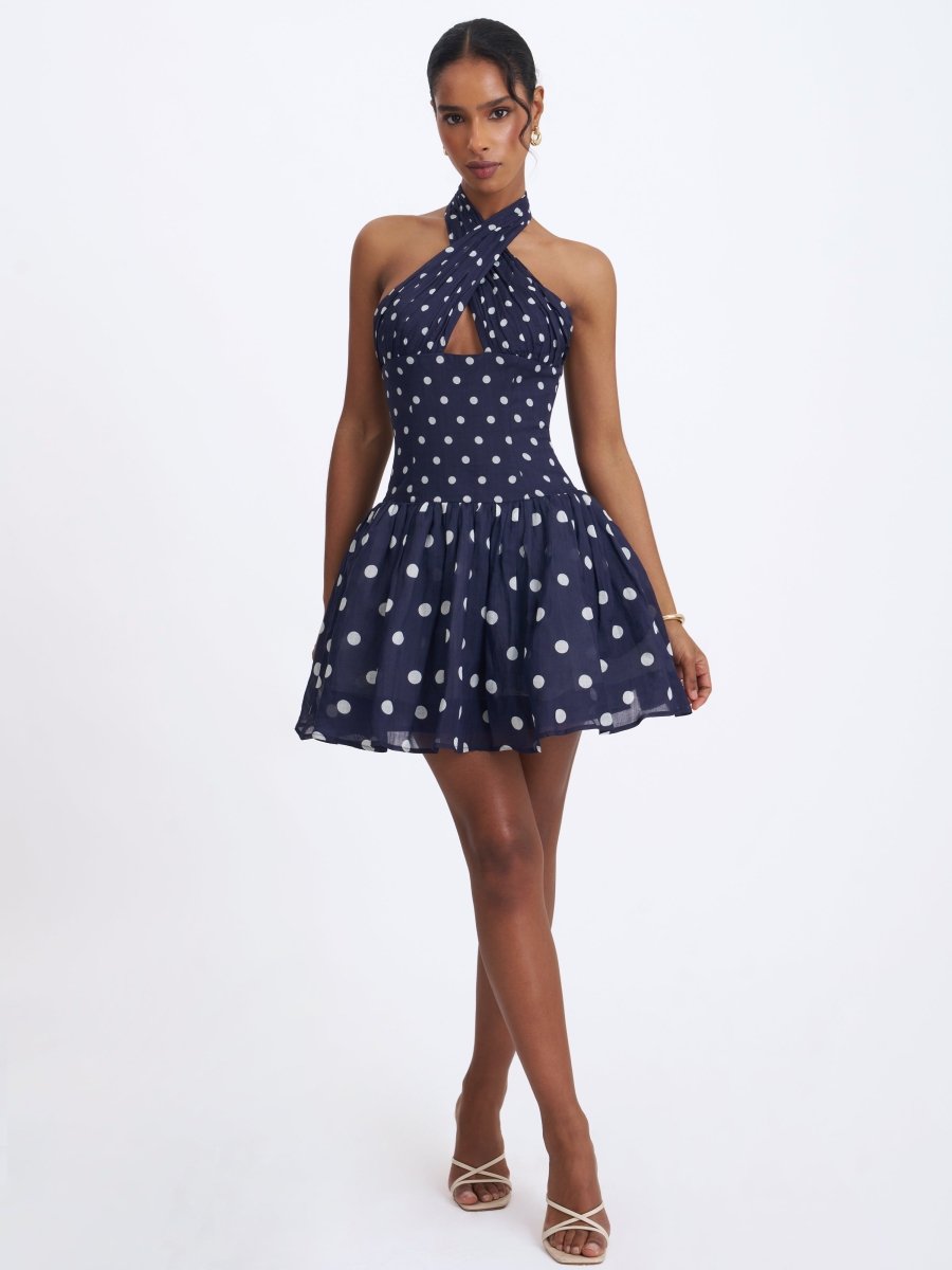 Yamina Navy Polka Dot Ramie Crossover Halter Gathered Mini Dress - HOUSE OF SHE