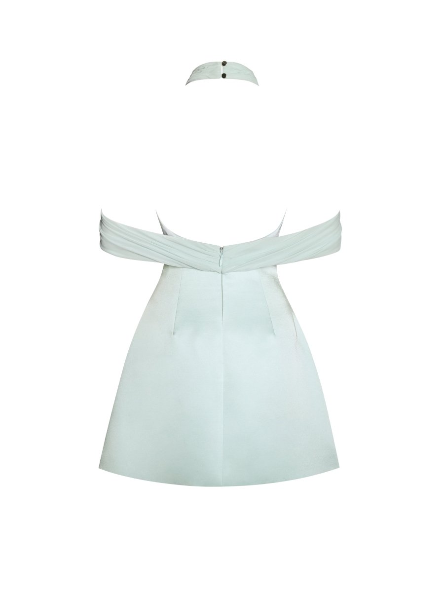 Zafrina Light Cyan Halter Off - shoulder Backless Mini Dress - HOUSE OF SHE