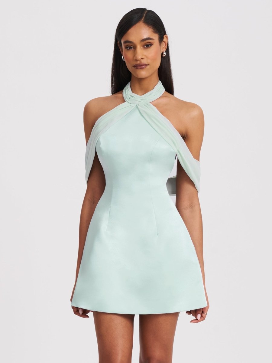 Zafrina Light Cyan Halter Off - shoulder Backless Mini Dress - HOUSE OF SHE