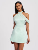 Zafrina Light Cyan Halter Off - shoulder Backless Mini Dress - HOUSE OF SHE