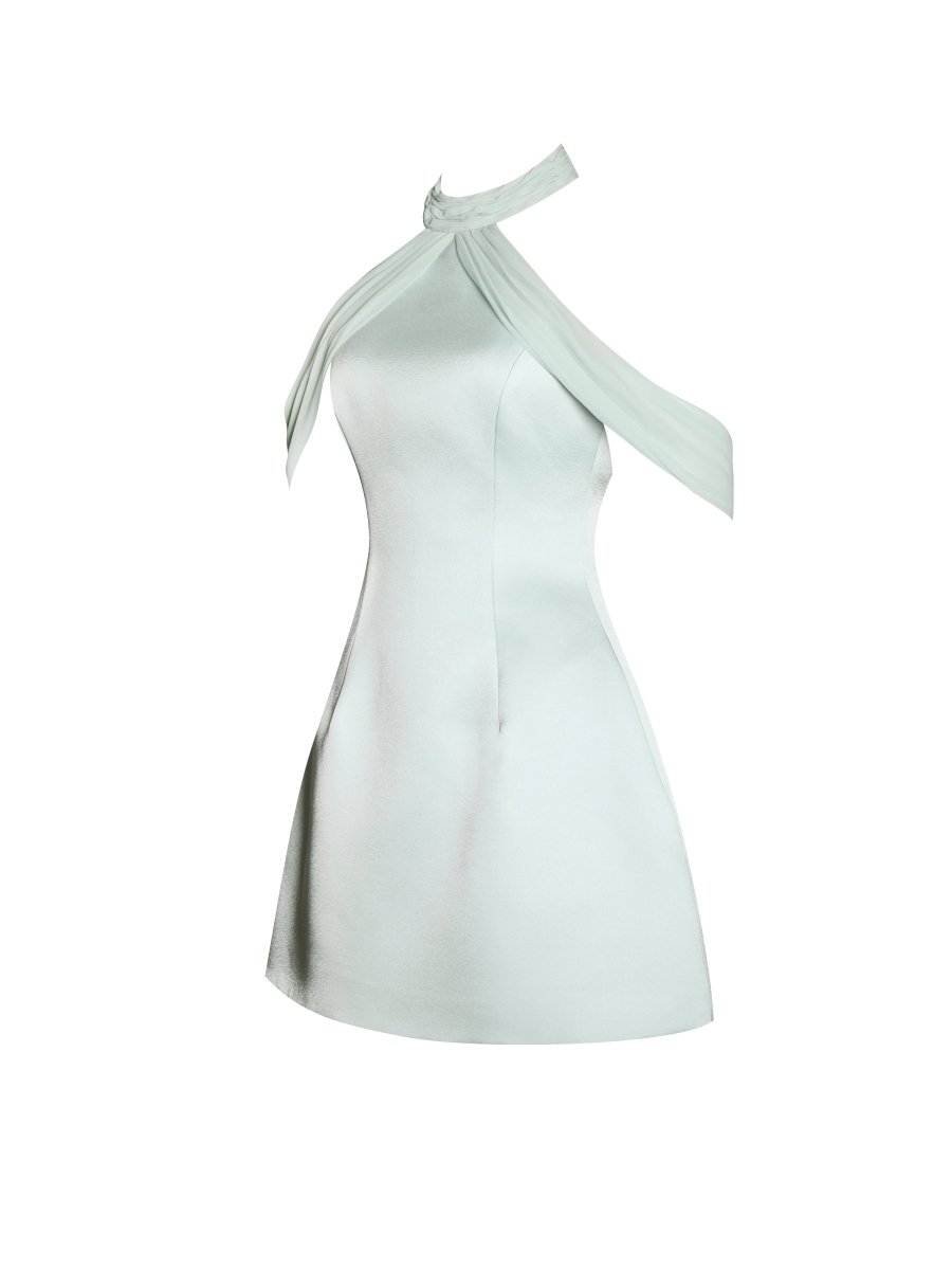 Zafrina Light Cyan Halter Off - shoulder Backless Mini Dress - HOUSE OF SHE