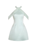 Zafrina Light Cyan Halter Off - shoulder Backless Mini Dress - HOUSE OF SHE