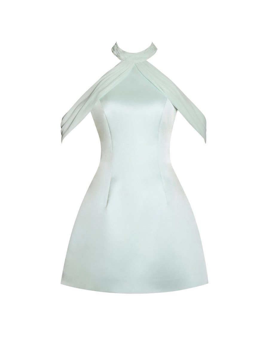 Zafrina Light Cyan Halter Off - shoulder Backless Mini Dress - HOUSE OF SHE
