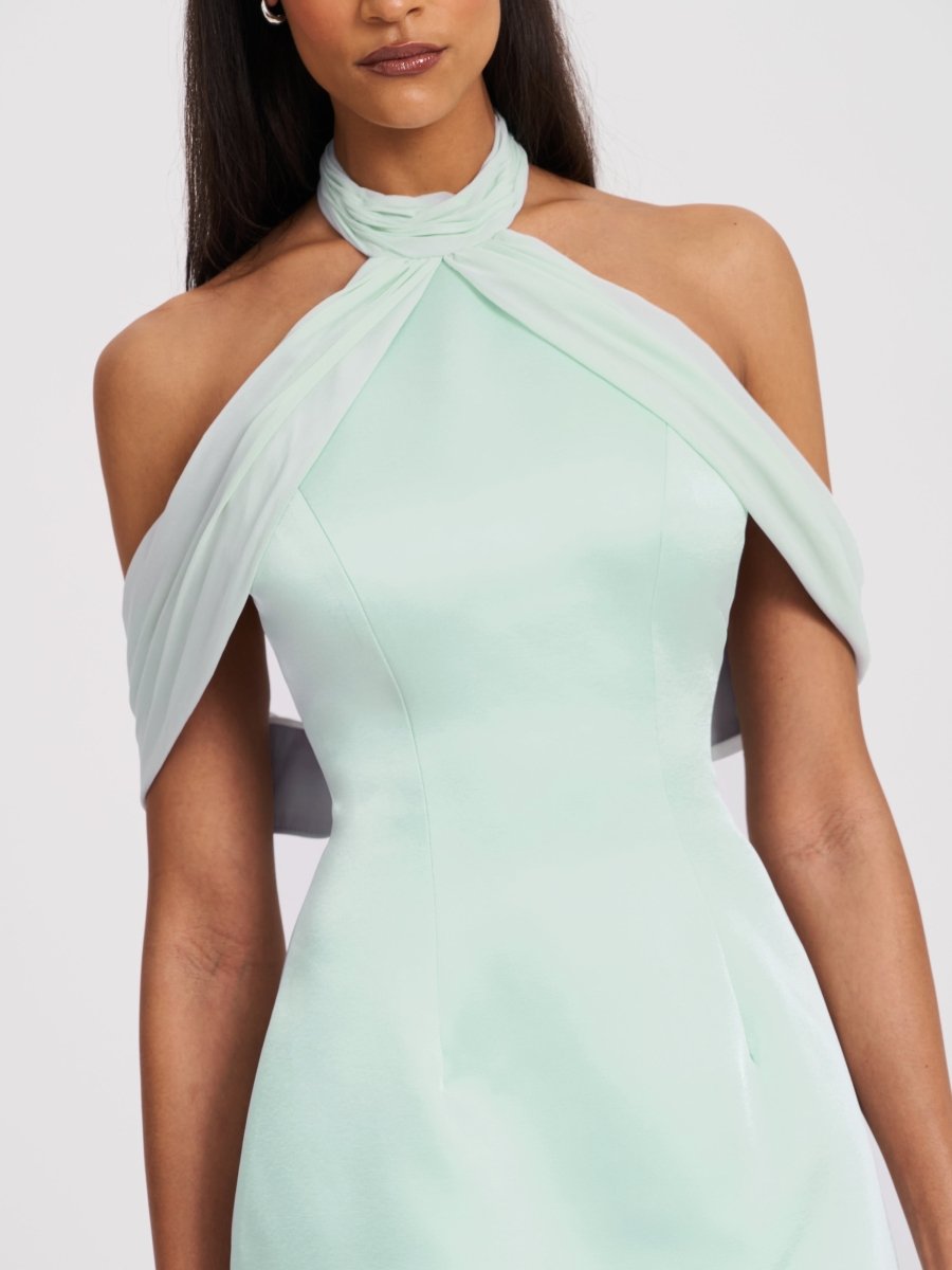 Zafrina Light Cyan Halter Off - shoulder Backless Mini Dress - HOUSE OF SHE