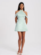 Zafrina Light Cyan Halter Off - shoulder Backless Mini Dress - HOUSE OF SHE