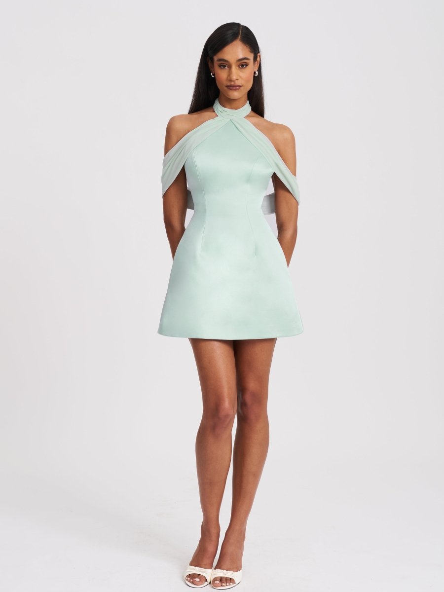 Zafrina Light Cyan Halter Off - shoulder Backless Mini Dress - HOUSE OF SHE