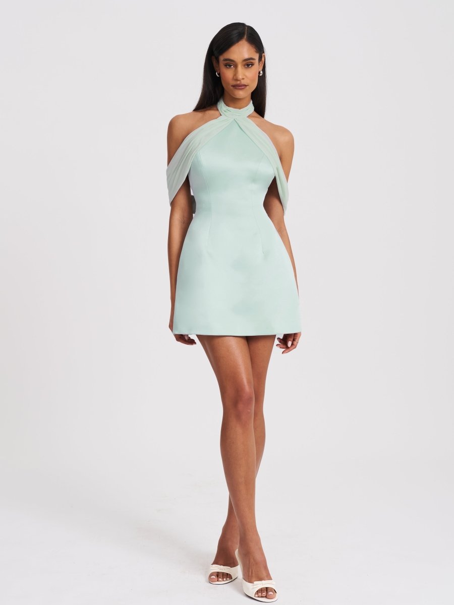 Zafrina Light Cyan Halter Off - shoulder Backless Mini Dress - HOUSE OF SHE