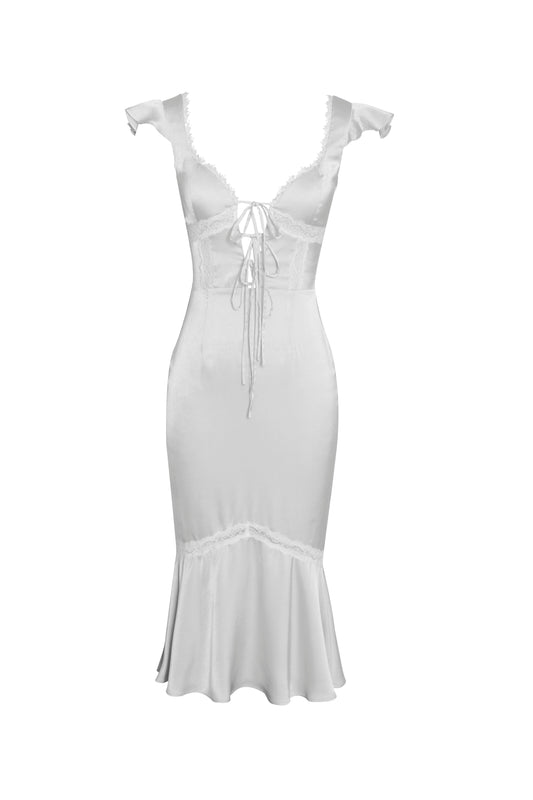 Zora White Satin Lace Up Flare Midi Dress with Lace Detailed