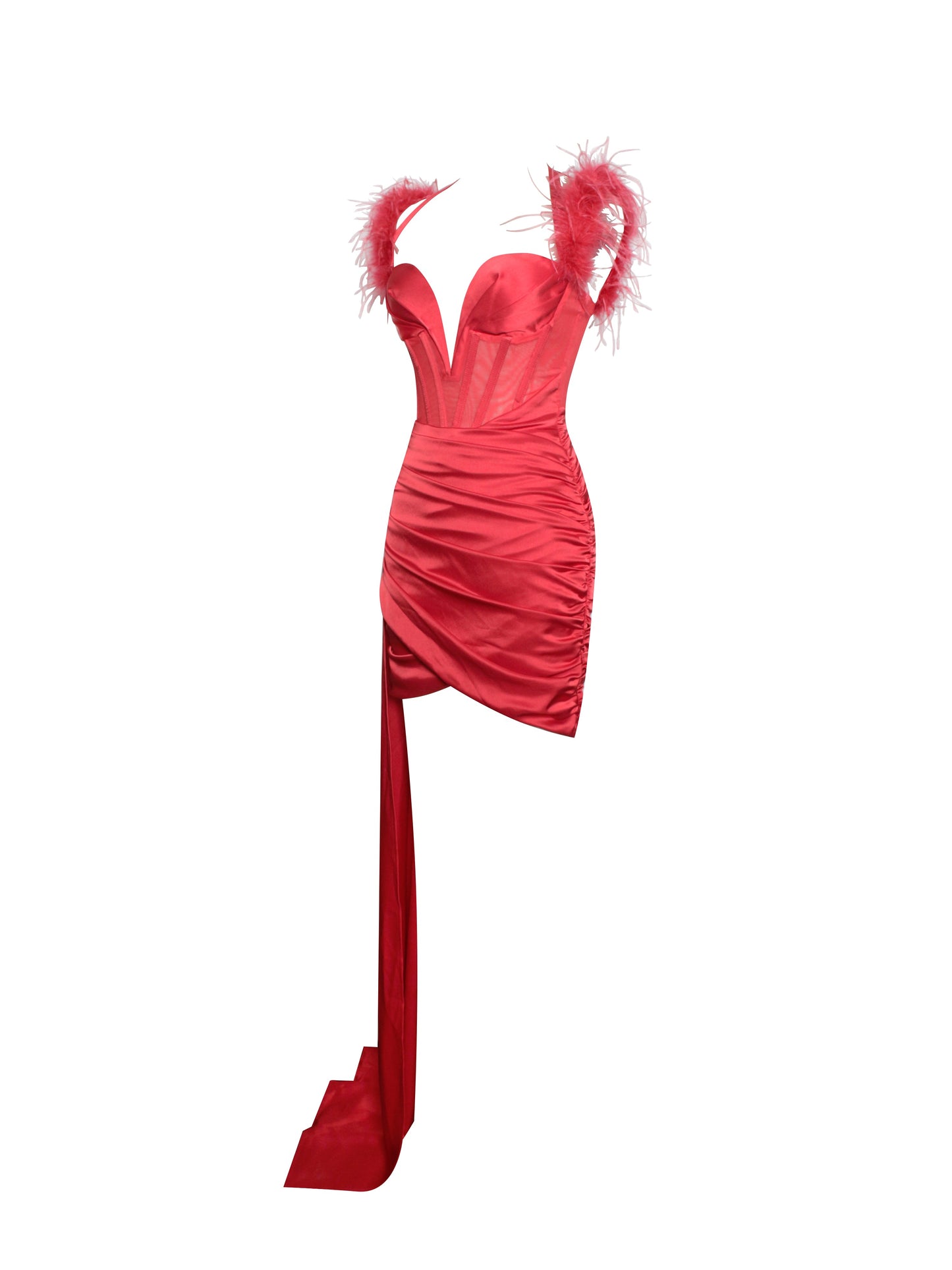 Wilma Red Satin Corset Draping Dress with Feather Strap