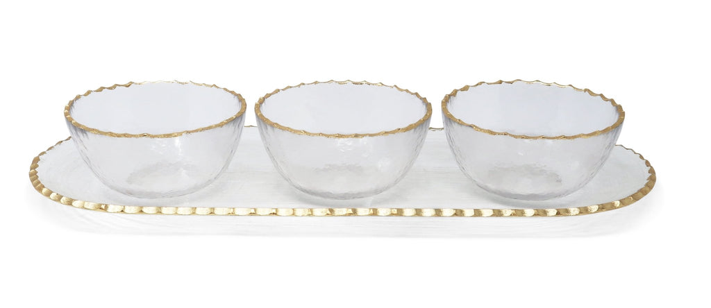 3 Bowl Serving Dish on Tray with Gold Rim - HOUSE OF SHE