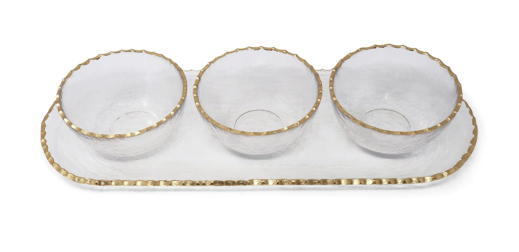 3 Bowl Serving Dish on Tray with Gold Rim - HOUSE OF SHE