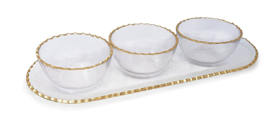 3 Bowl Serving Dish on Tray with Gold Rim - HOUSE OF SHE